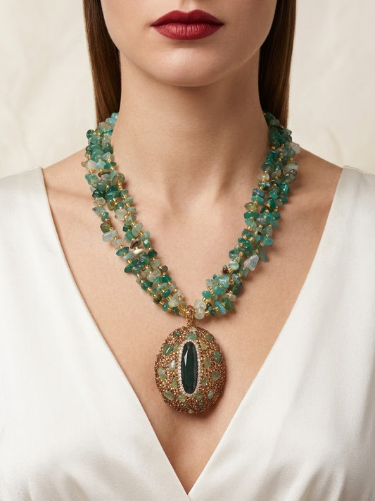 Emerald Fortune – Green Aventurine Gold-Plated Statement Necklace for Women