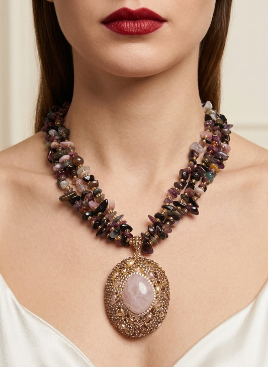 Rosewood Romance – Rose Quartz, Garnet & Rhodonite Gold-Plated Statement Necklace for Women