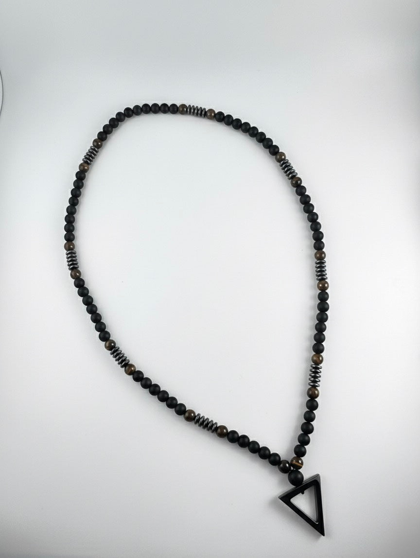 Black Matte Onyx Triangle Pendant Necklace displayed flat
