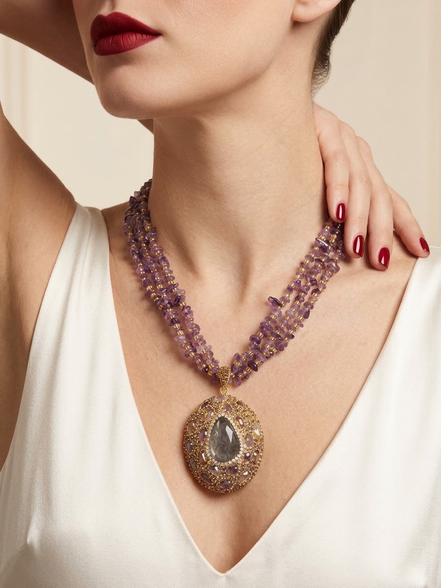 Amethyst Enchantment – Gold-Plated Crystal Statement Necklace for Women