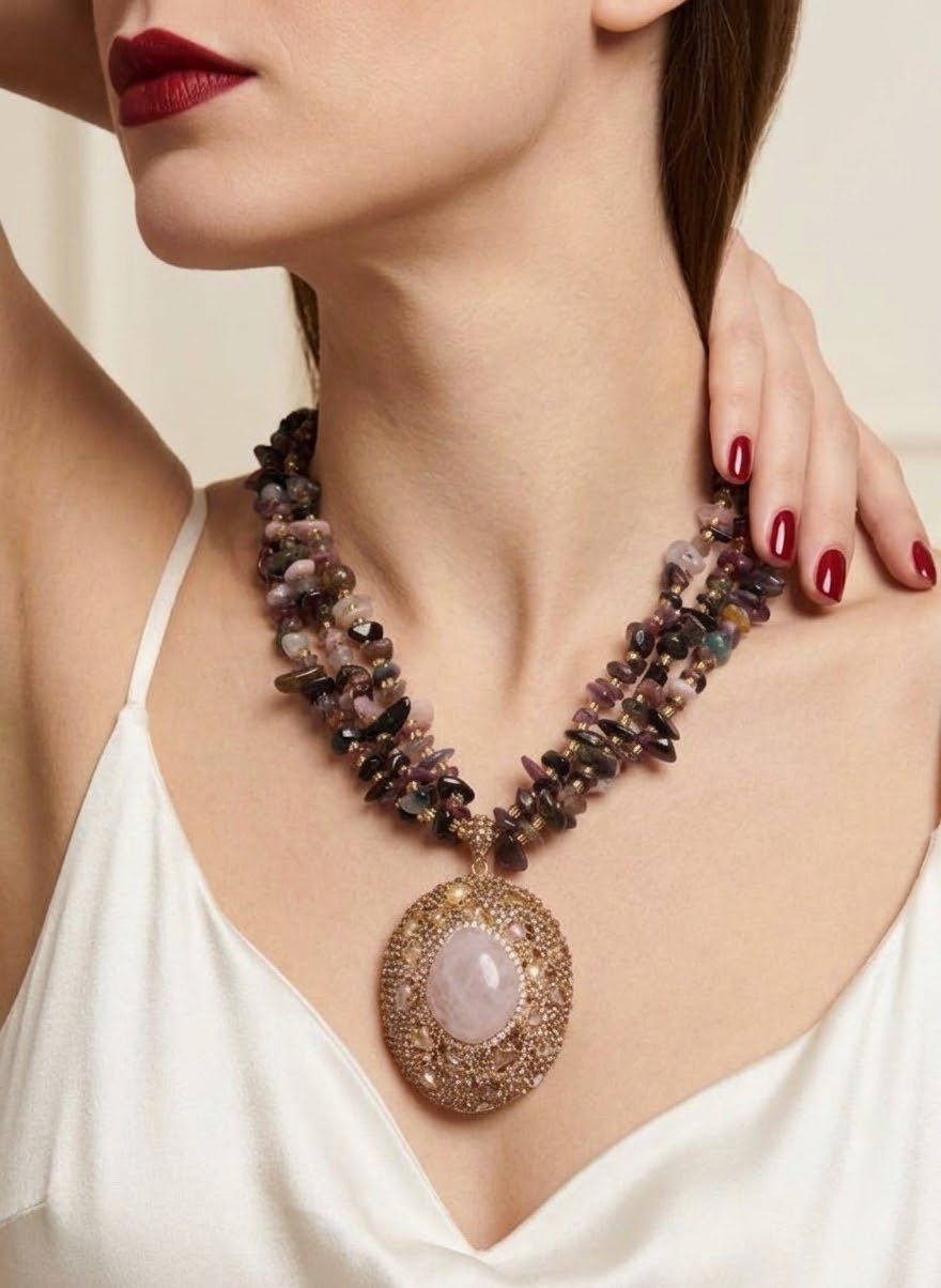 Rosewood Romance – Rose Quartz, Garnet & Rhodonite Gold-Plated Statement Necklace for Women