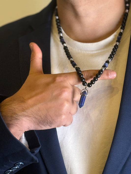 Men’s Black Onyx and Lapis Lazuli Necklace styled with blazer