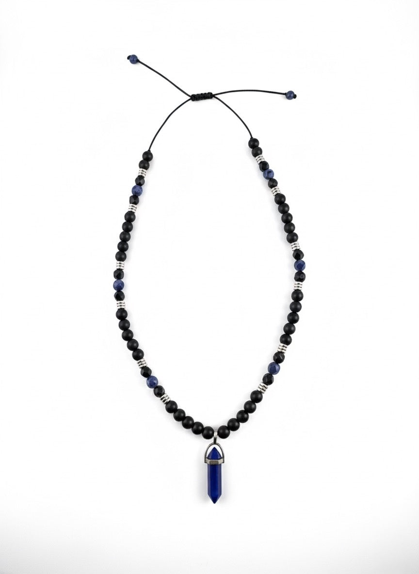 Black Onyx and Lapis Lazuli Necklace flatlay front view