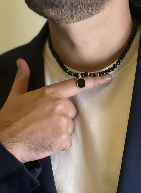 Men’s Black Onyx Tiger Eye Necklace styled with blazer