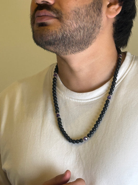 mens amethyst black onyx necklace worn on tshirt