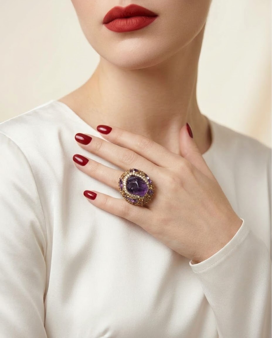 Amethyst Imperial Aura Gold-Plated Women's Crystal Ring