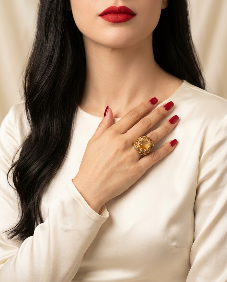 Carnelian Ember Luxe Gold-Plated Women's Crystal Ring