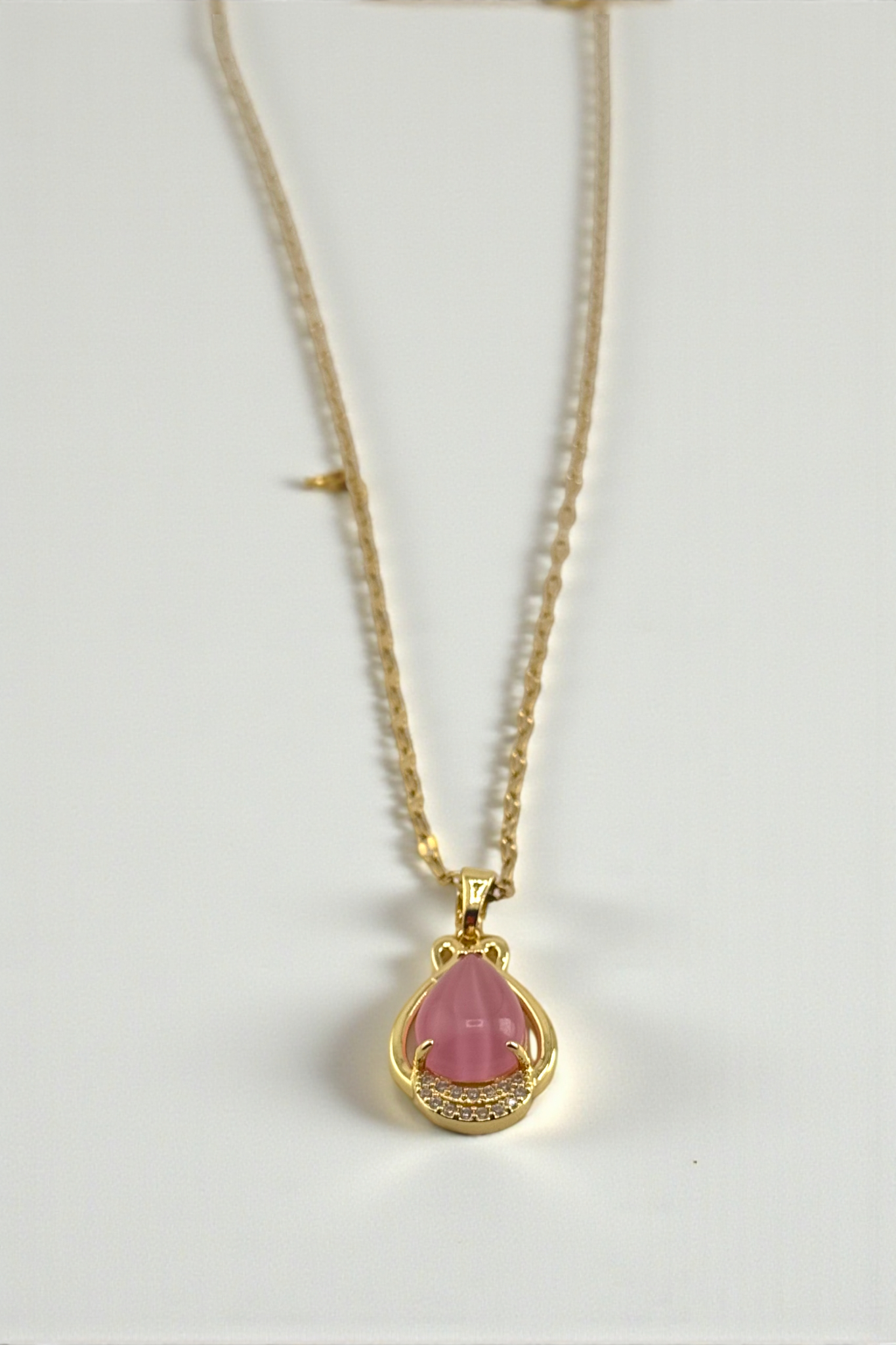 Gold Plated Pink Opalite Teardrop Pendant Necklace – Calm Glow & Gentle Elegance