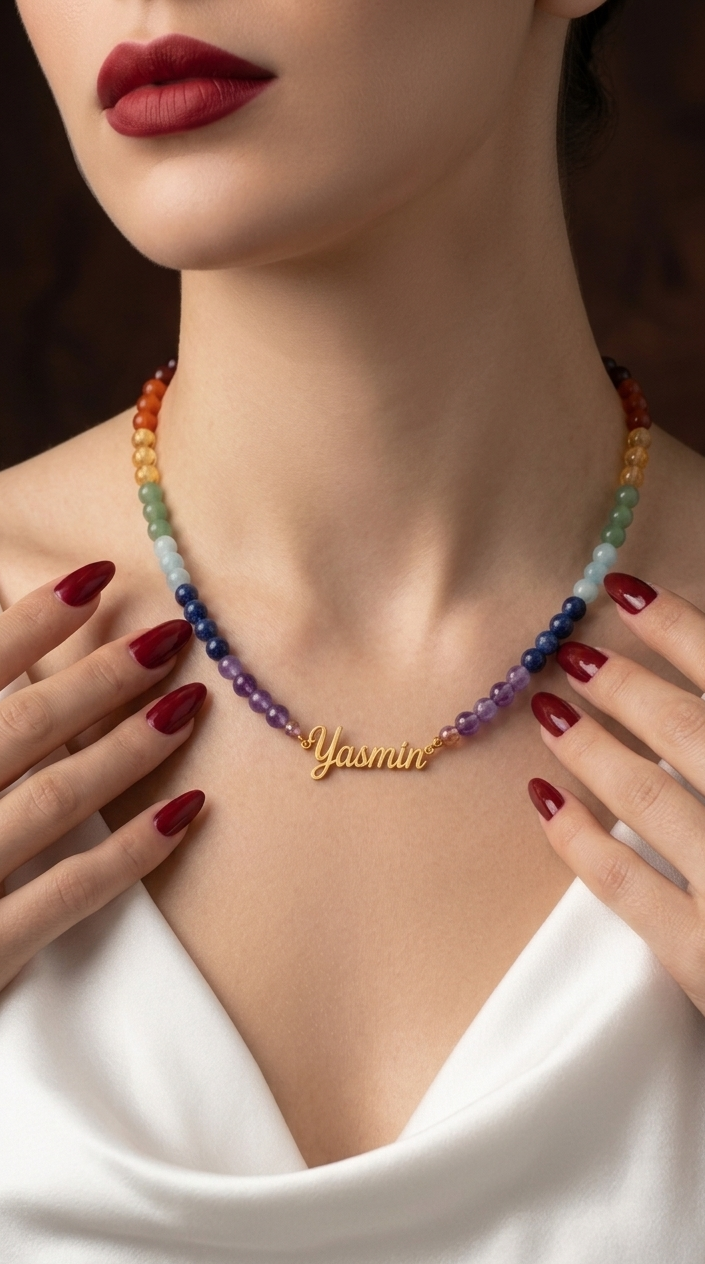 Multicolored beaded necklace with a gold nameplate on a model wearing a white top.