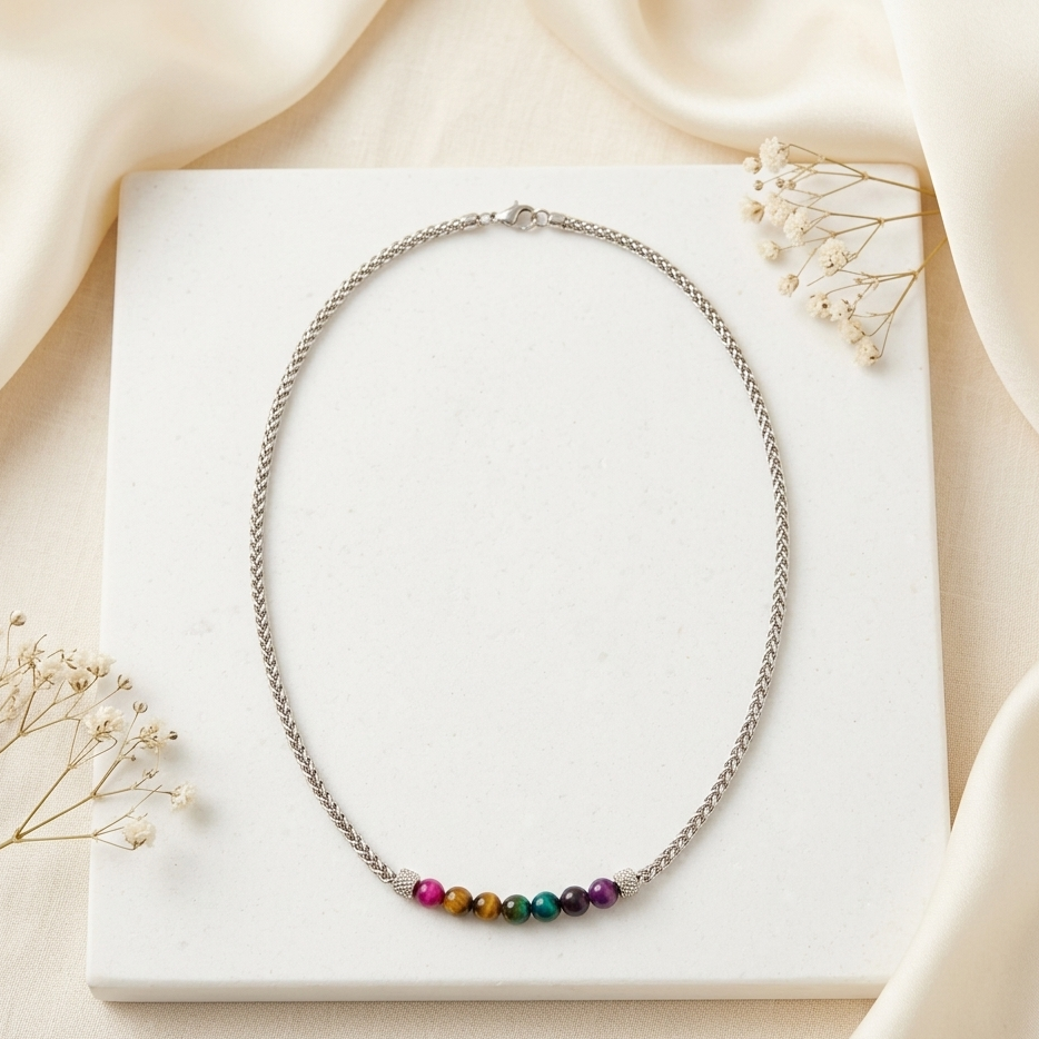 A silver-toned chain necklace with a row of small, colorful faceted beads in rainbow colors, displayed on a white square block with cream fabric and dried flowers.