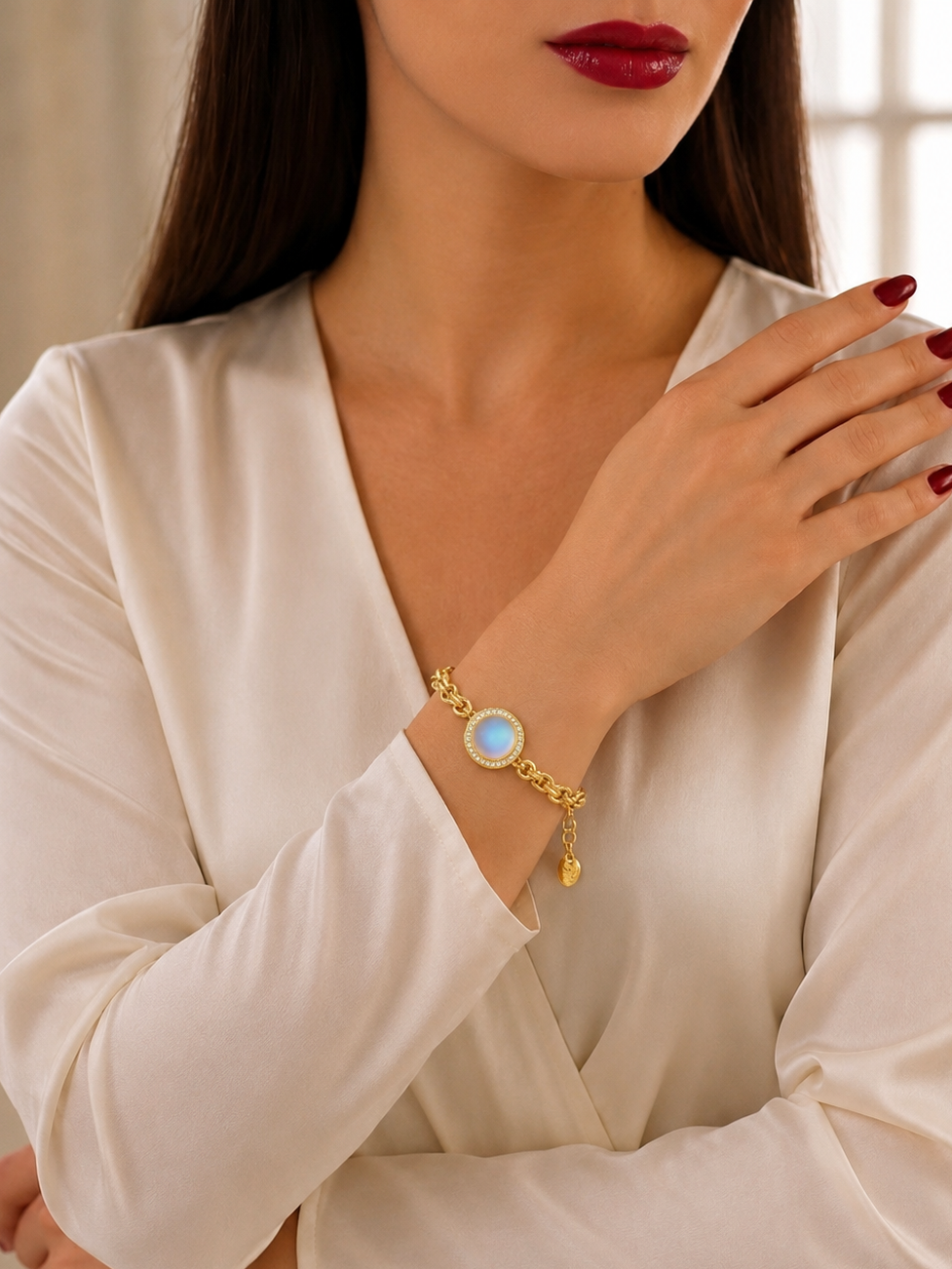 A close-up of a woman wearing a delicate gold chain bracelet with a round light blue stone and a small dangling charm, paired with a cream-colored blouse.