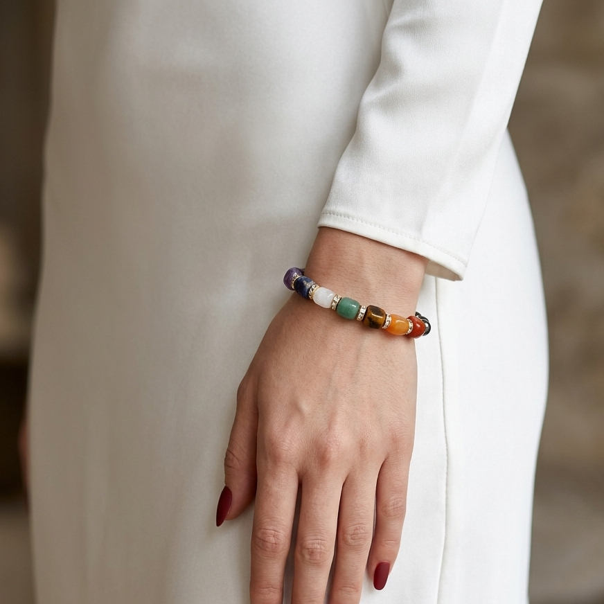 A close-up of a person's hand wearing a colorful beaded bracelet, dressed in a white long-sleeve top against a softly blurred neutral background.
