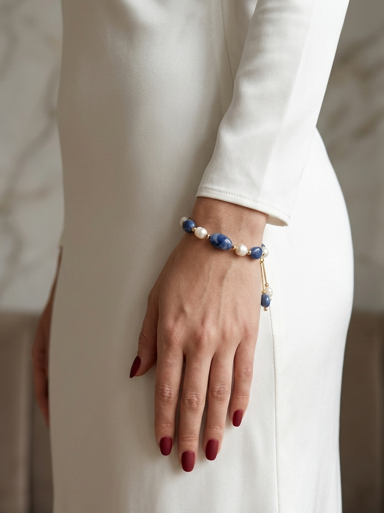 A close-up of a woman's hand wearing a beaded bracelet with blue, white, and gold beads, styled with a white long-sleeve dress.