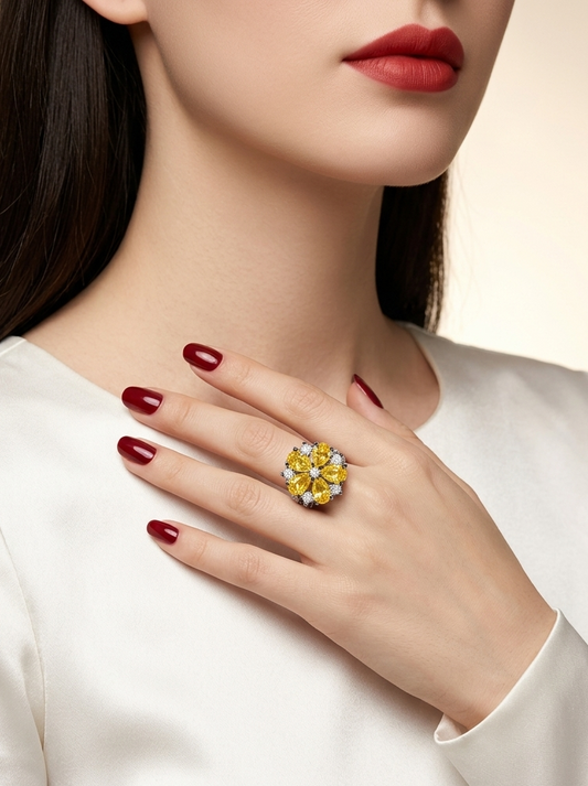 A close-up lifestyle shot of a model wearing a yellow flower-shaped ring with small blue accent stones on her finger, paired with a white satin top and dark red nail polish.