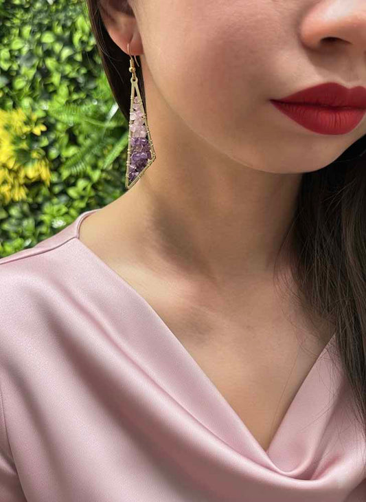 Amethyst earrings on model”