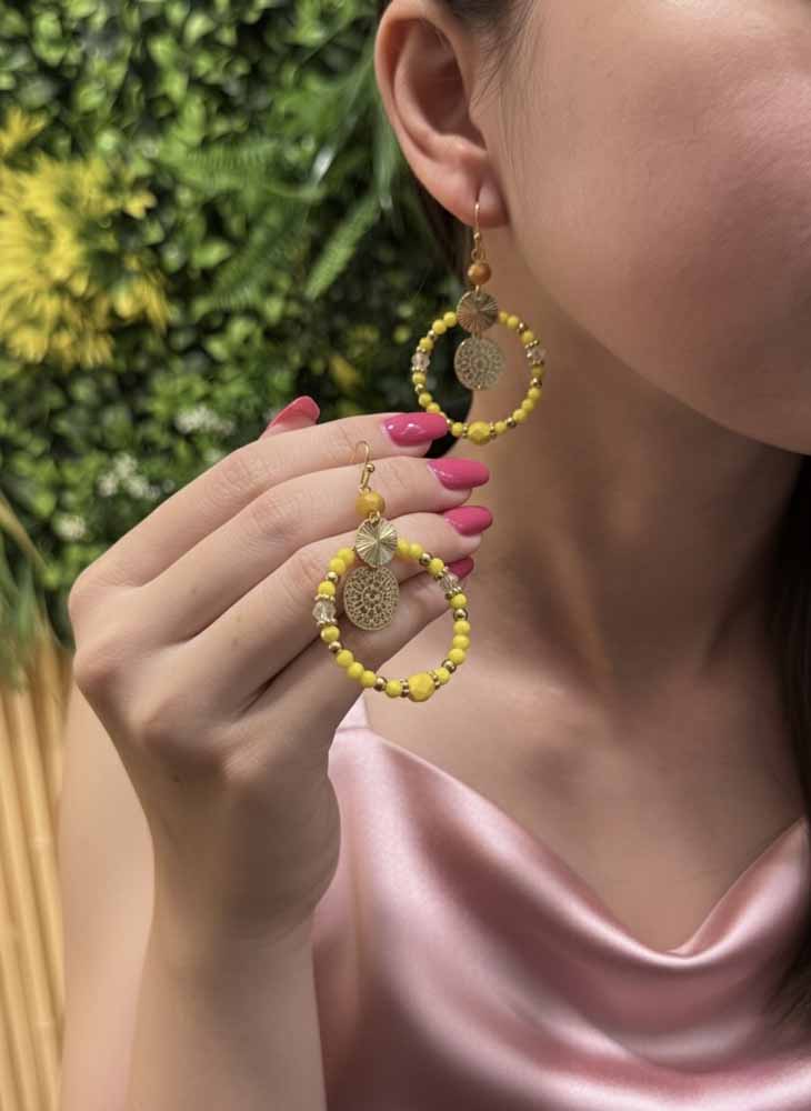 Yellow Beaded Solar Mandala Earrings - Solar Bloom