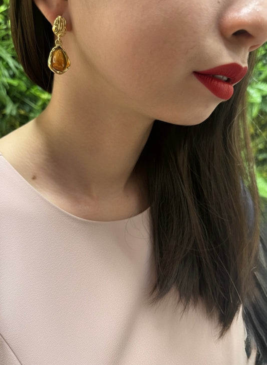 Model wearing Amber Earrings – Golden Flame Drops