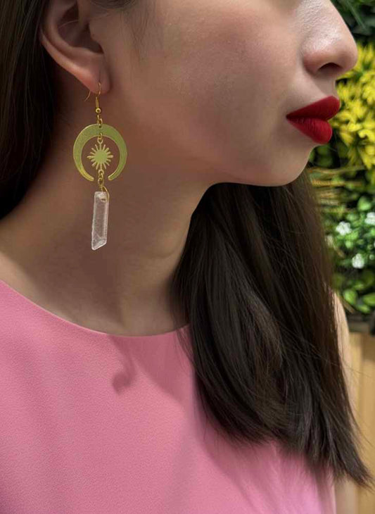 Celestial Beam – Moon & Sun Selenite Earrings