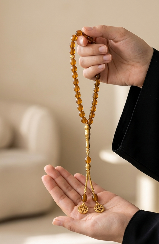 A person holds a strand of amber-colored prayer beads in their hands, with a blurred indoor background.
