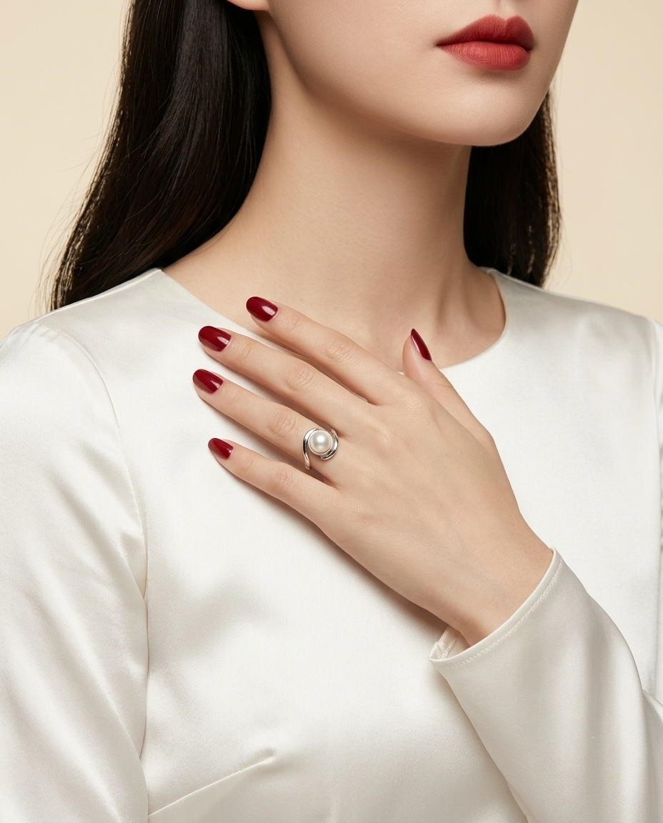 A close-up of a woman wearing a silver ring with a large white pearl on her finger, resting her hand on her chest. She is wearing a white satin top against a soft beige background.
