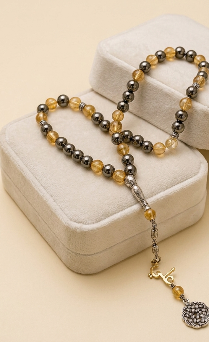 A beaded necklace with translucent amber-yellow and dark metallic gray beads, displayed on a cream-colored jewelry box against a warm beige background. The necklace features silver-toned spacers and a gold-toned lotus-shaped pendant.