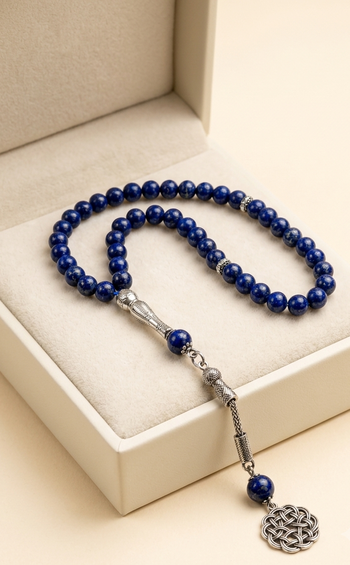 A beaded necklace with deep blue lapis lazuli-style beads and silver-toned metal accents, displayed inside an open cream-colored jewelry box. The necklace features a tassel with a silver Celtic knot pendant.