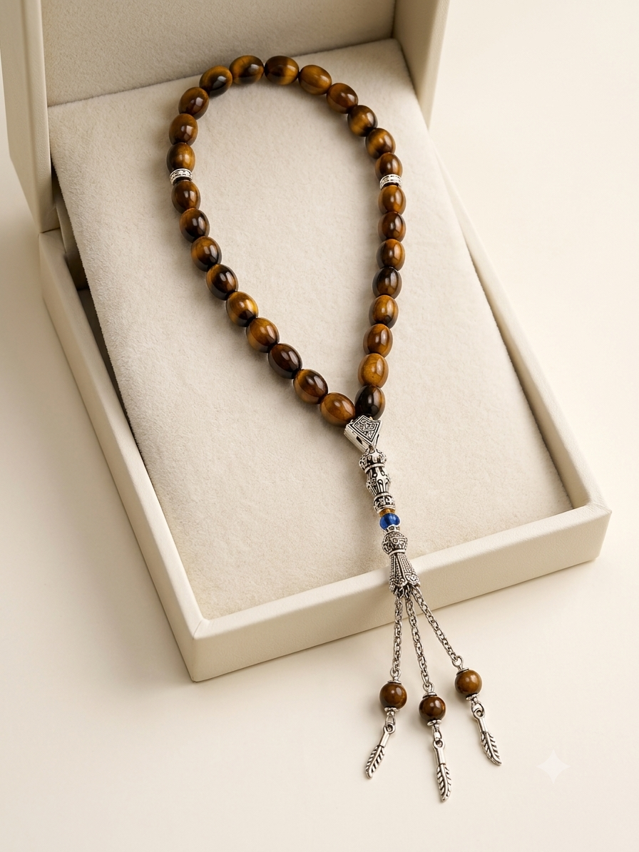 A beaded necklace with brown and black tiger's eye beads, silver-toned metal details, and a small blue accent bead, displayed inside an open cream-colored jewelry box.