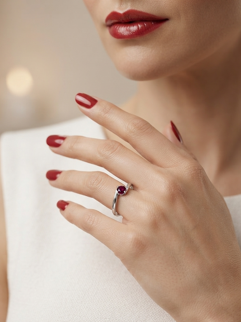 A close-up lifestyle shot of a model's hand wearing a silver ring with a round deep red gemstone, set against a soft, warm beige background.