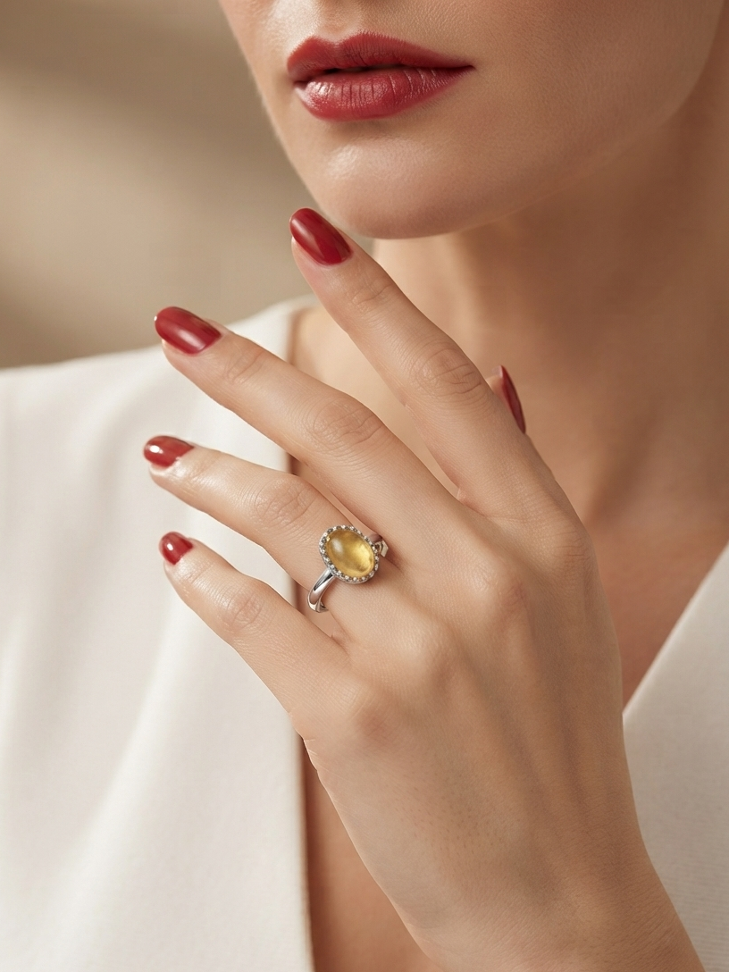 A close-up lifestyle shot of a model wearing a yellow oval-cut ring with a silver-toned band and halo, styled with red nail polish and a white top.