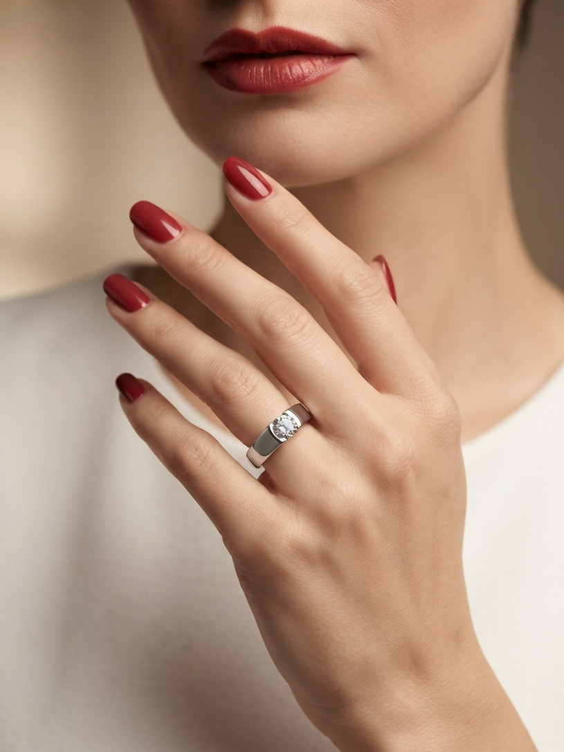 A close-up of a woman's hand with red nail polish wearing a silver band ring with a clear central gemstone, against a soft beige background.