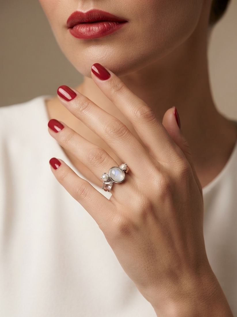 A close-up lifestyle shot of a model's hand wearing a silver ring with a white mother-of-pearl cabochon and small clear accent stones, styled with dark red nail polish against a soft beige background.