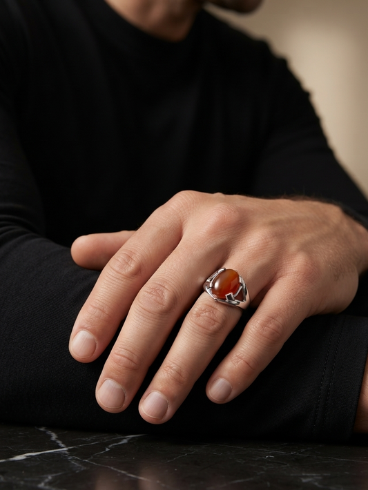 A silver ring with a polished oval orange-red cabochon gemstone, worn on a man's hand resting on his knee over a dark marble surface.