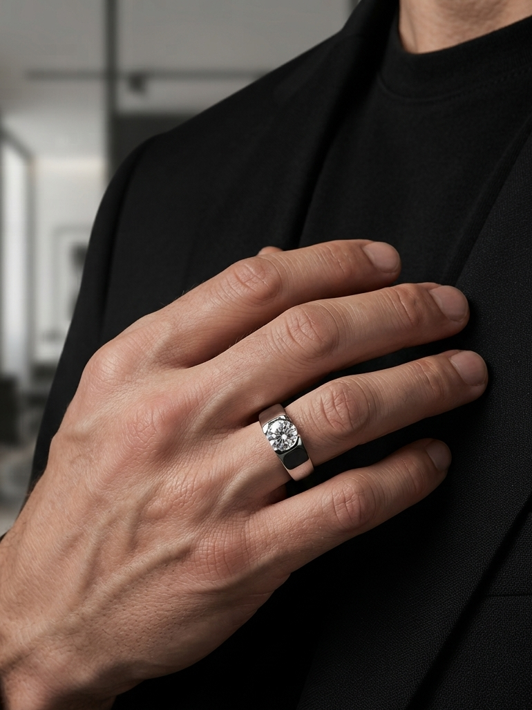 A close-up of a man's hand wearing a silver-toned ring with a clear round gemstone, resting on his black blazer.