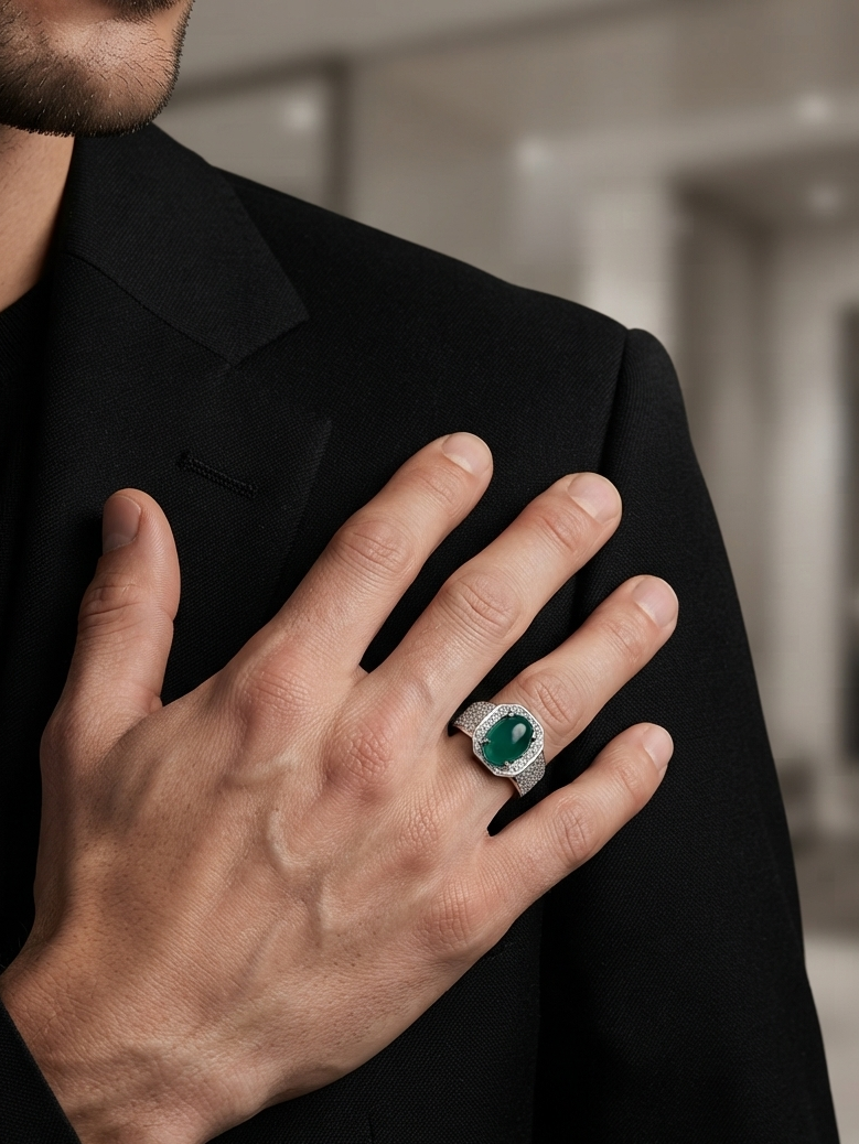 A close-up lifestyle shot of a man wearing a black suit jacket, showcasing a silver-toned ring with a round green emerald-cut gemstone on his ring finger.