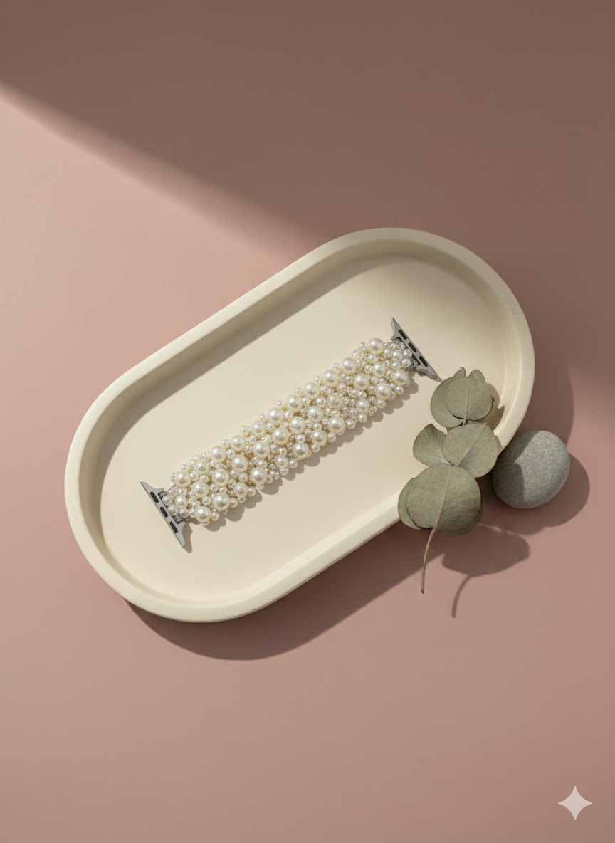 Pearl Beaded Strap Watch – classy wrist chain design with luminous pearls.