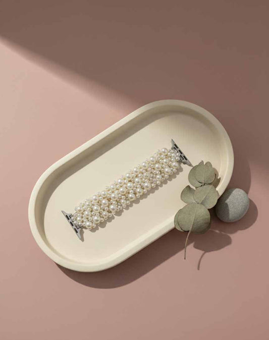 Pearl Beaded Strap Watch – classy wrist chain design with luminous pearls.