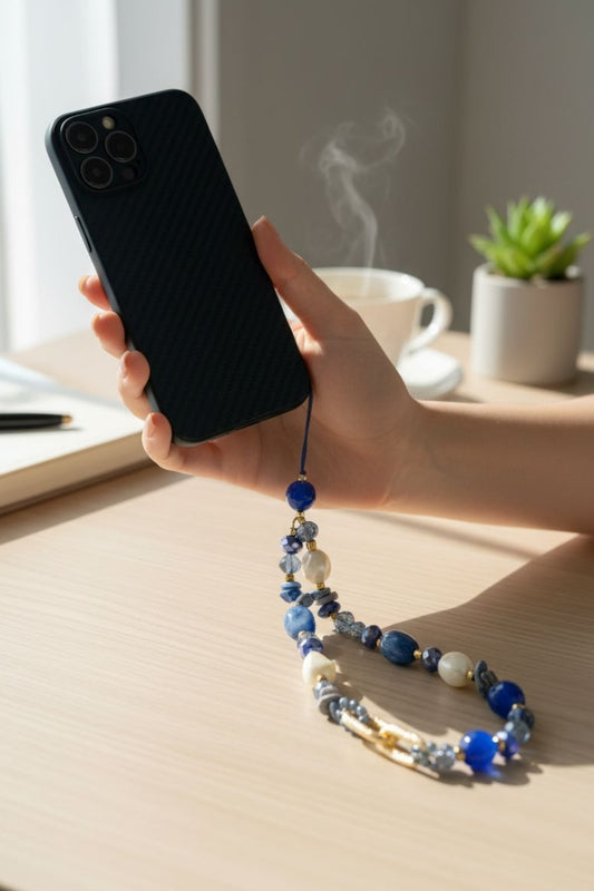 Natural stone beaded phone strap in blue tones