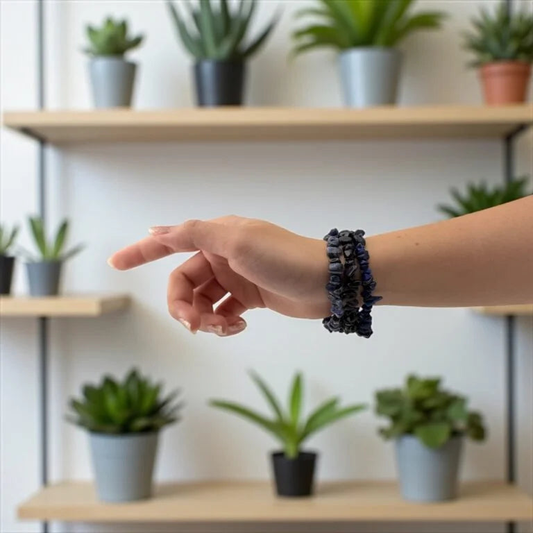 Hand wearing a dark blue beaded bracelet in front of a shelf with potted plants.