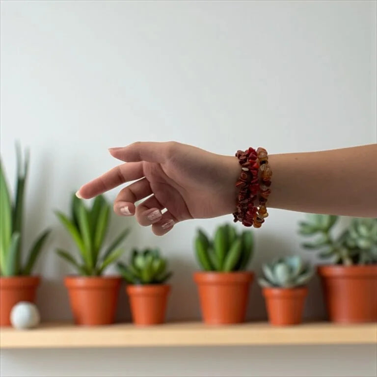 Hand reaching out towards a row of potted plants with a blurred background