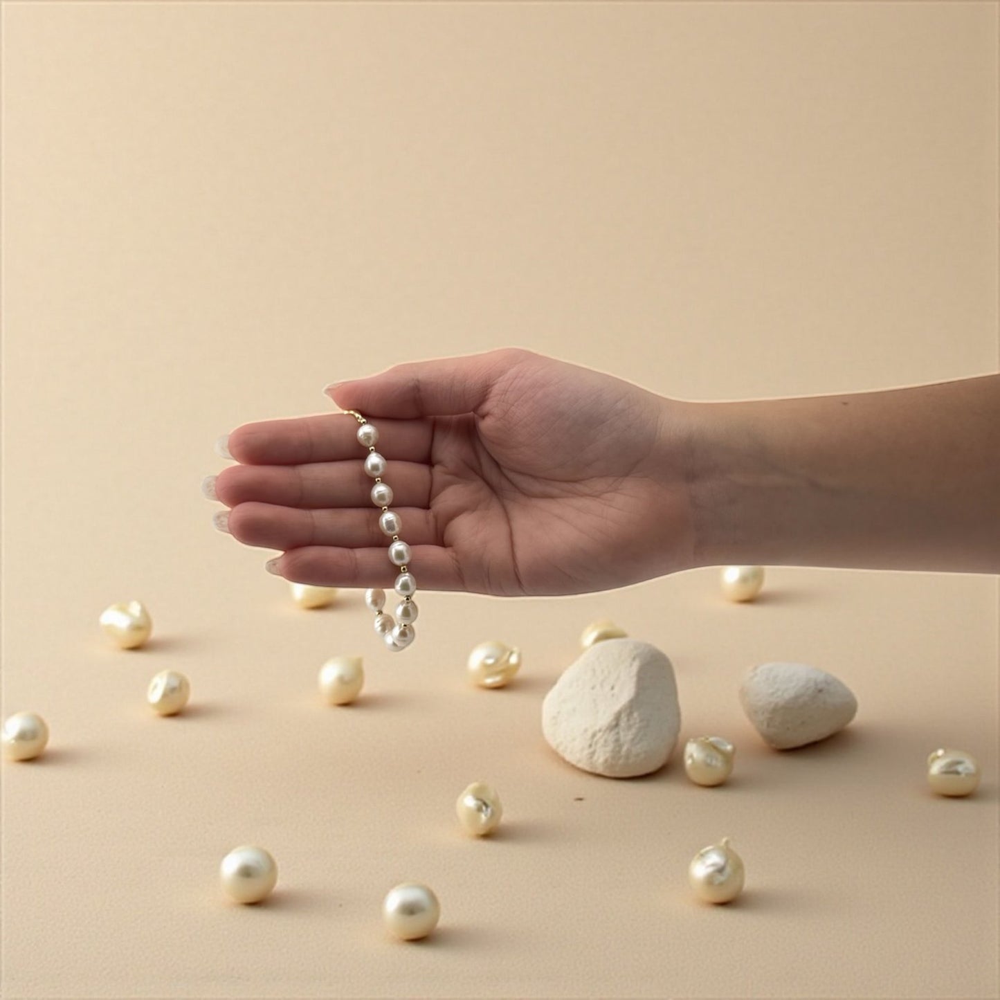 Hand holding a string of pearls with scattered pearls on a beige background