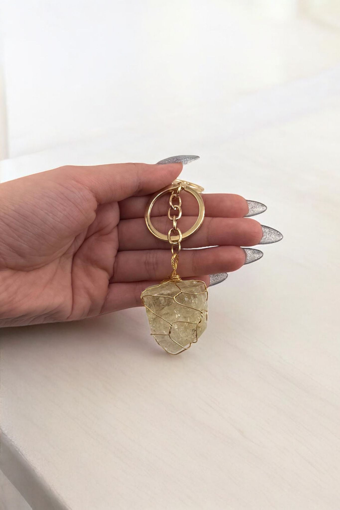Raw Citrine Stone Keychain – Natural Citrine Crystal Keychain for Abundance & Energy