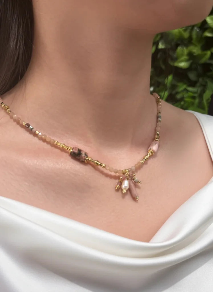Rhodonite, Pink Aventurine & Dalmatian Jasper Necklace – Playful Warmth & Gentle Love