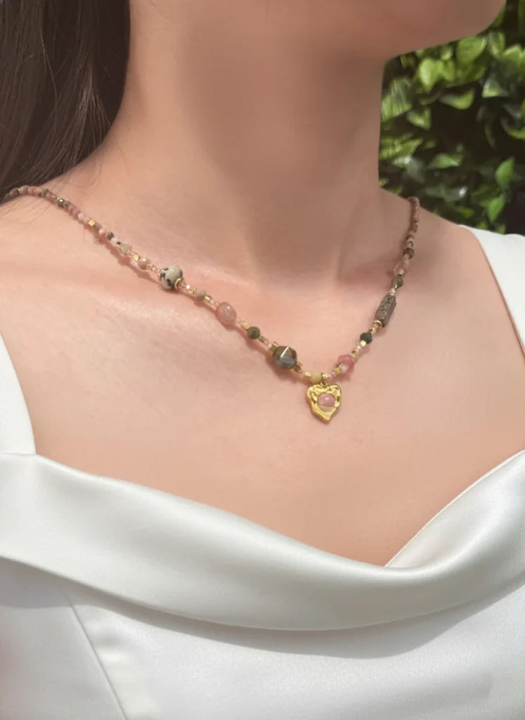 Rhodonite, Tourmaline, Jasper & Dalmatian Stone Electroplated Necklace – Playful Spirit & Artistic Balance