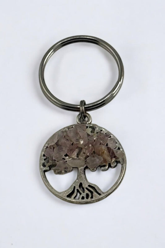 Rose Quartz Tree Keychain – Crystal Tree of Life Stone Keychain for Love & Harmony