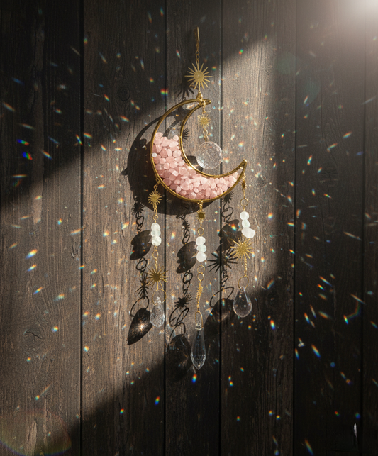 Rose Quartz Moon Dreamcatcher – Handmade Crystal Rose Quartz Moon Dream Catcher