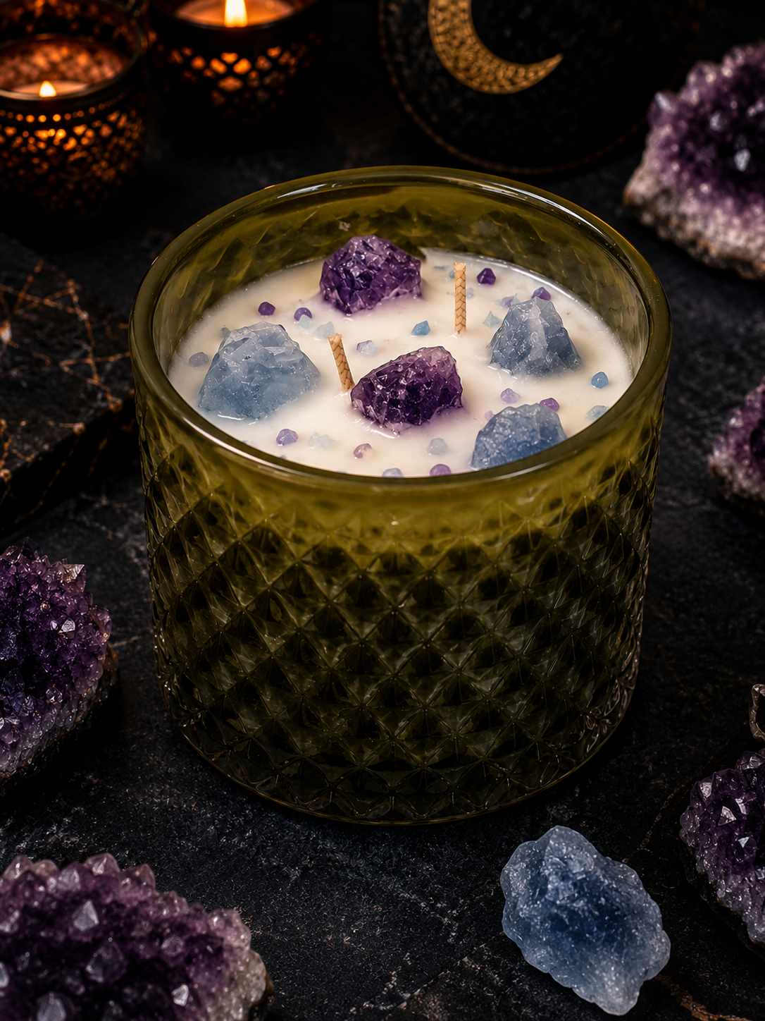 Candle in a textured green container with purple and blue crystals on a dark surface with amethyst crystals.