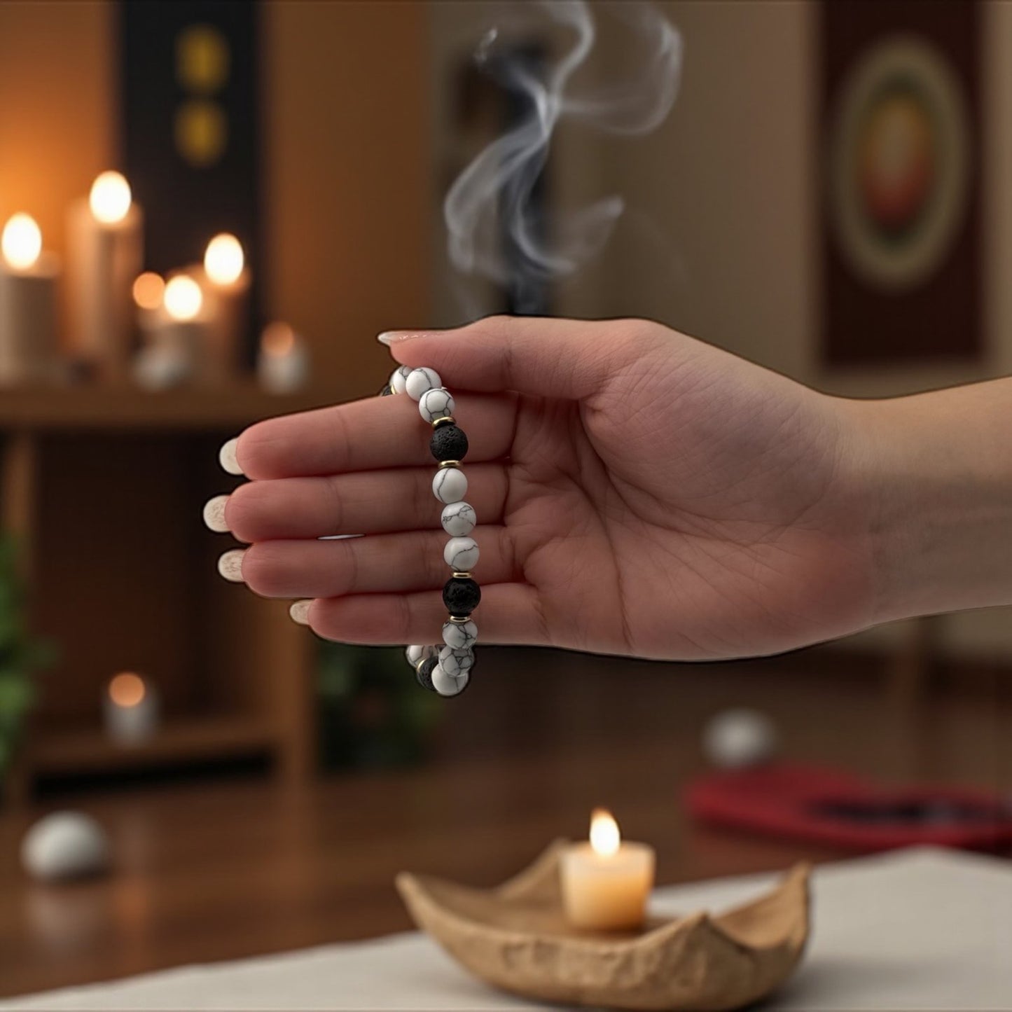 Hand holding a bracelet with blurred candles and incense in the background