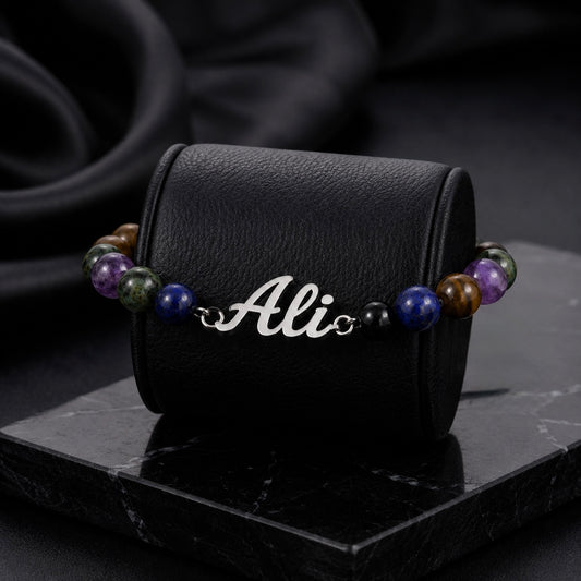Bracelet with 'Ali' charm on a black leather case