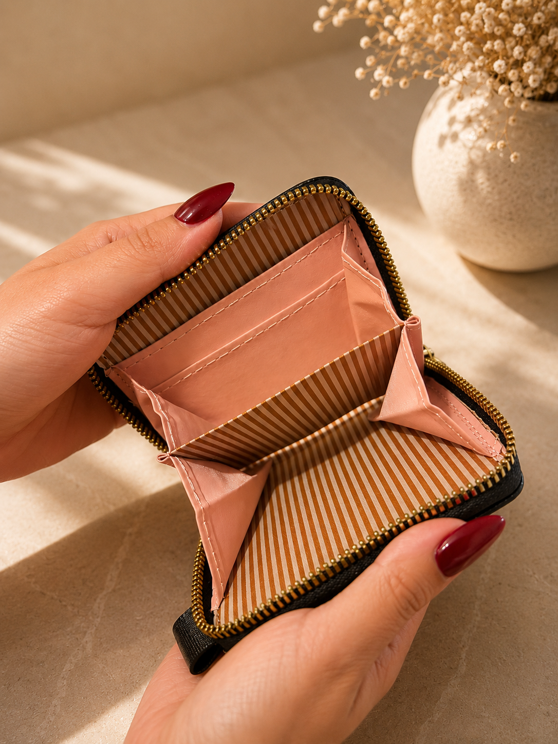 Hand holding an empty striped wallet with a neutral background