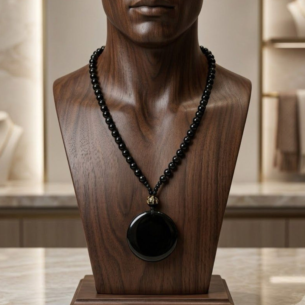Black Obsidian Protection Round Pendant Necklace